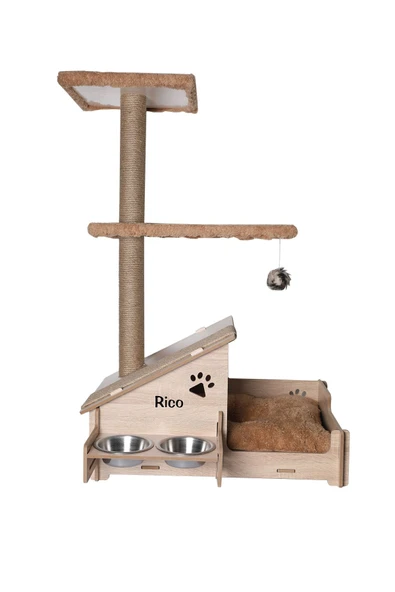 RealWood Çok Amaçlı Katlı Kedi Evi-isim Baskılı-ahşap Mdf-tırmalama Çubuklu-kahverengi-çelik Kase-2*350 - 2