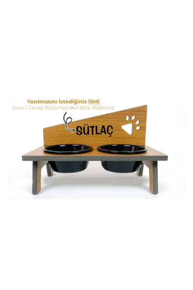 RealWood Suya Dayanıklı Ahşap Seramik Kaseli Özel İsim Baskılı Kedi-Köpek Mama ve Su Kabı Stantı - 2