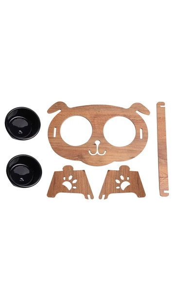 RealWood Köpek Su Ve Mama Kabı Standı - Ahşap Mdf - Eğimli Köpek Modeli - 2'li - Çelik Kase - 2*350ml - 6