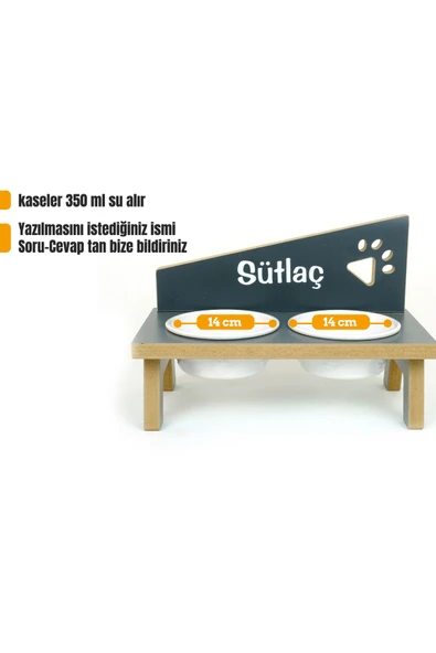 RealWood Özel Isimli Seramik Kedi-küçük Irk Köpek Mama Ve Su Kabı Stantı-antrasit 350 Ml. ürün görseli 1