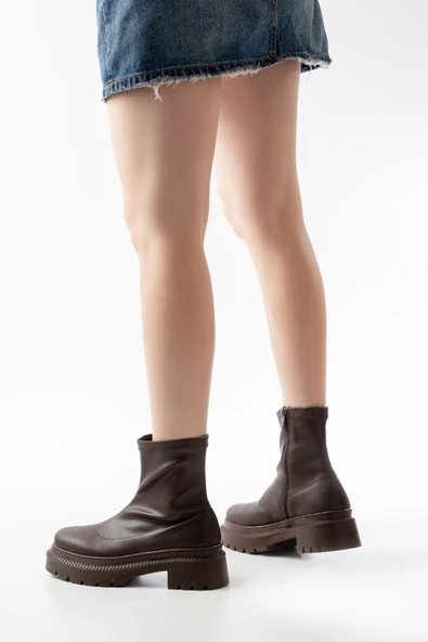 236-2011 Kahve Streç Fermuarlı Günlük Kadın Bot - Resim 2