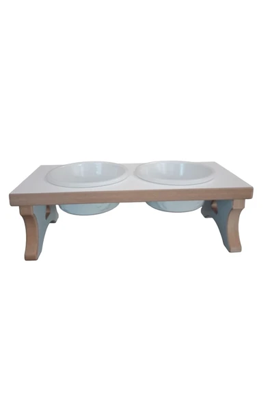 RealWood Kedi & Köpek Mama Standı - Ahşap Mdf - Ikili Beyaz Sabit Ayak - Seramik Beyaz Kase - 14cm - 400ml