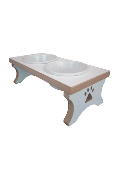 RealWood Kedi & Köpek Mama Standı - Ahşap Mdf - Ikili Beyaz Sabit Ayak - Seramik Beyaz Kase - 14cm - 400ml - 3