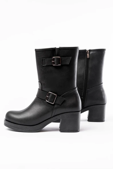 5109-3043 Siyah Toka Aksesuarlı Fermuarlı Kalın Topuklu Günlük Kadın Bot - Resim 3