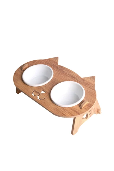 RealWood Kedi Su Ve Mama Kabı Standı - Ahşap Mdf - Eğimli Kedi Kafa Modeli-2'li-seramik Beyaz Kase-2*400ml