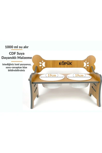 RealWood Suya Dayanıklı Ahşap Özel İsim Baskılı Seramik Kaseli Kademeli Köpek Mama ve Su Kabı Stantı - 1