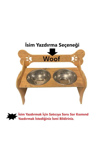 RealWood Özel İsim Baskılı, Ahşap, Kademeli, Çelik Kaseli, Eğimli, Büyük Irk Köpek Mama - Su Kabı-2*1000 Ml. - 2