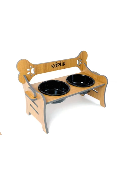 RealWood Suya Dayanıklı Ahşap Özel İsim Baskılı Seramik Kaseli Kademeli Köpek Mama ve Su Kabı Stantı - 4