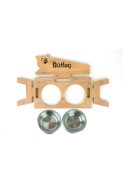 RealWood Ahşap Özel İsim Baskılı Çelik Kaseli Kedi-Köpek Mama ve Su Kabı Standı - Resim 5