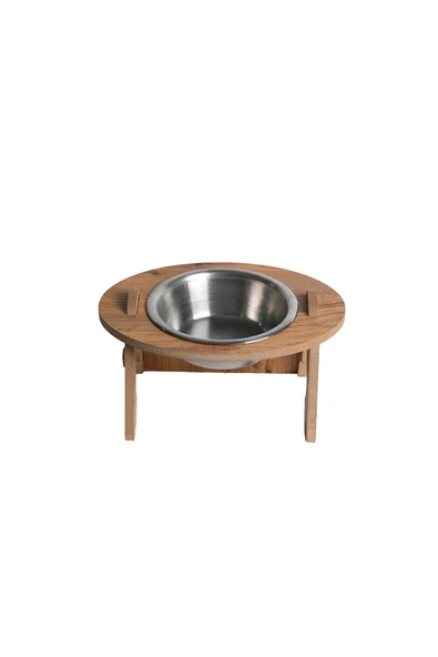 RealWood Kedi & Köpek Su Ve Mama Kabı Standı - Ahşap Mdf - Eğimli Tekli Oval Model - Çelik Kase - 350ml - 2