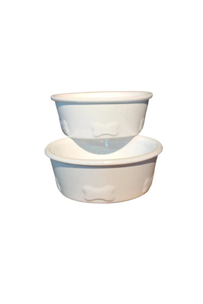 RealWood Köpek Su Ve Mama Kabı - Seramik Beyaz Kase - 2'li - Büyük Irk - 19cm - 2*1000ml - 7