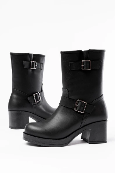 5109-3043 Siyah Toka Aksesuarlı Fermuarlı Kalın Topuklu Günlük Kadın Bot - Resim 4