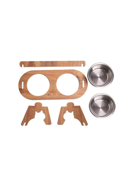 RealWood Kedi & Köpek Su Ve Mama Kabı Standı - Ahşap Mdf - Eğimli Ikili Oval Model-çelik Kase-2*350ml - 6