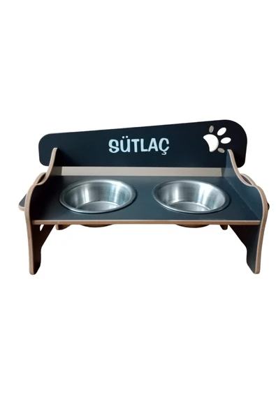 RealWood Özel İsimli, Ahşap, Kademeli, Eğimli, Çelik Kaseli, Kedi-Köpek Mama Ve Su Kabı Stantı -2*350 ml - Resim 3