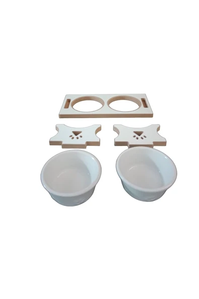 RealWood Kedi & Köpek Mama Standı - Ahşap Mdf - Ikili Beyaz Sabit Ayak - Seramik Beyaz Kase - 14cm - 400ml - 4