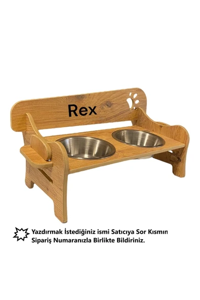 RealWood Özel Isim Baskılı, Ahşap, Kademeli, Eğimli, Çelik Kaseli, Kedi-köpek Mama Ve Su Kabı Stantı - Resim 2