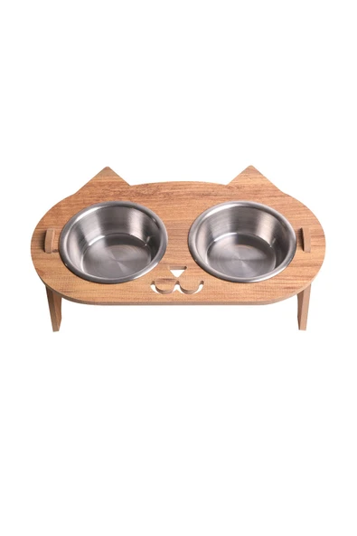 RealWood Kedi Su Ve Mama Kabı Standı - Ahşap Mdf - Eğimli Kedi Kafa Modeli - Çelik Kase - 2*350ml