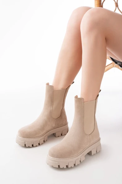 FZ-299 Bej Süet Yüksek Tabanlı Lastikli Günlük Kadın Bot - 4