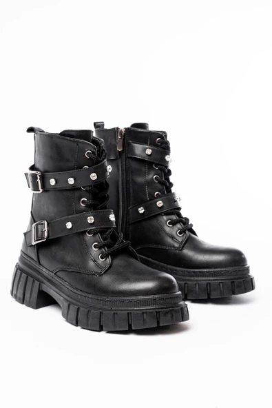 842-03 Siyah Bağcıklı Kalın Tabanlı Bağcıklı Fermuarlı Günlük Kadın Bot - Resim 4