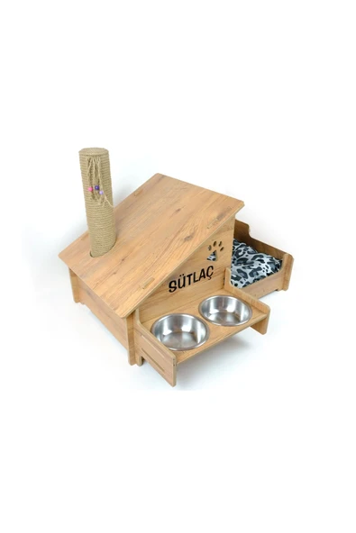 RealWood Özel Isimli, Ahşap, Çelik Kaseli, Tırmalama Çubuklu Açık-kapalı Kedi Ve Köpek Evi 4 In 1 - 3