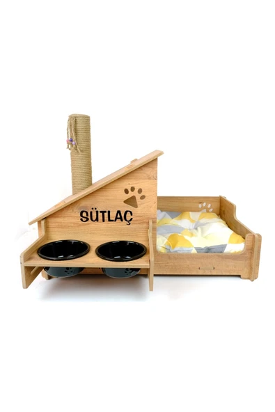 RealWood Çok Amaçlı Kedi Evi - Özel Isim Baskılı - Ahşap Mdf - Siyah Seramik Kase 2*400 - Tırmalama Çubuklu - 5