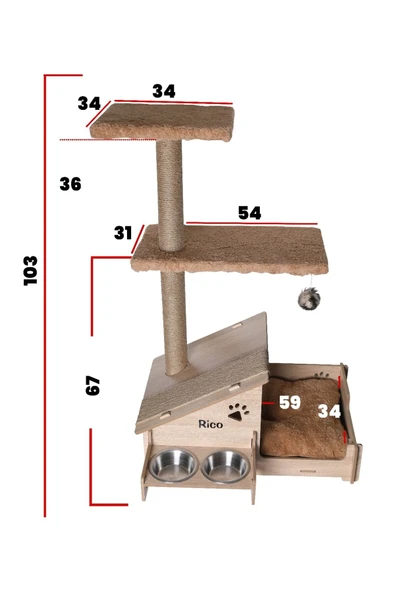 RealWood Çok Amaçlı Katlı Kedi Evi-isim Baskılı-ahşap Mdf-tırmalama Çubuklu-kahverengi-çelik Kase-2*350 - 3