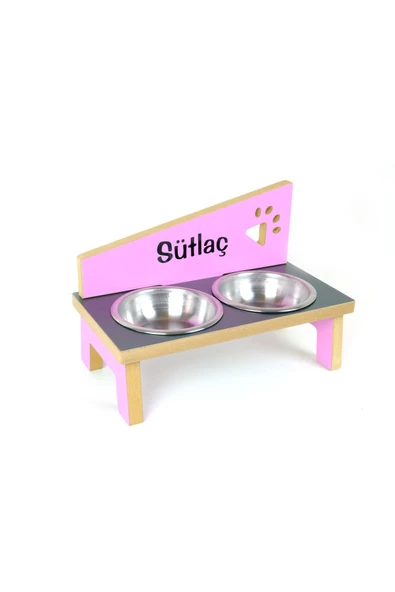 RealWood Ahşap, Çelik Kâseli, Özel Isimli Kedi-köpek Mama Ve Su Kabı Stantı- Pembe-antr.-pembe-2*350 Ml. - 3