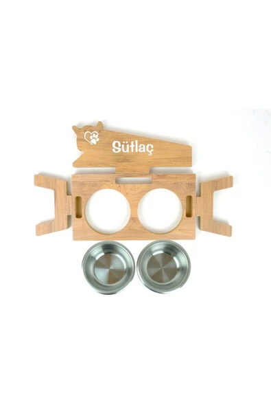 RealWood Özel İsim Baskılı, Ahşap, Çelik Kaseli Kedi- Küçük Irk Köpek Mama Ve Su Kabı Stantı - Resim 5