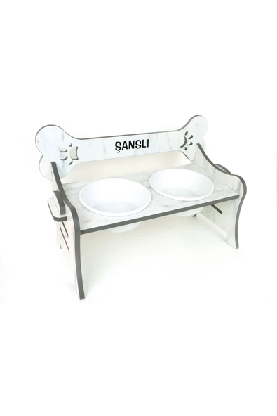 RealWood Suya Dayanıklı Ahşap Özel İsim Baskılı Seramik Kaseli Kademeli Köpek Mama ve Su Kabı Stantı - Resim 3