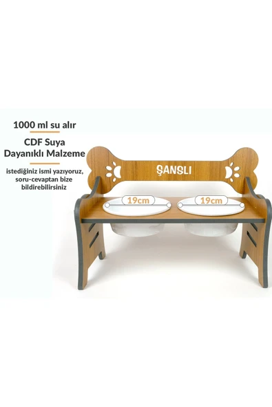 RealWood Suya Dayanıklı Ahşap Özel İsim Baskılı Seramik Kaseli Kademeli Köpek Mama ve Su Kabı Stantı - 5