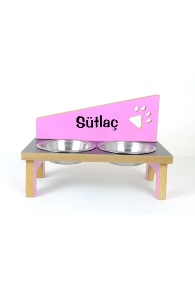 RealWood Ahşap, Çelik Kâseli, Özel Isimli Kedi-köpek Mama Ve Su Kabı Stantı- Pembe-antr.-pembe-2*350 Ml. - 1