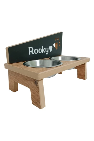 RealWood Özel İsim Baskılı, Ahşap, Çelik Kaseli Kedi - Küçük Irk Köpek Mama Ve Su Kabı - Resim 6