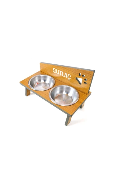 RealWood Suya Dayanıklı Ahşap Çelik Kaseli Özel isim Baskılı Kedi-Köpek Mama ve Su Kabı Stantı - 4