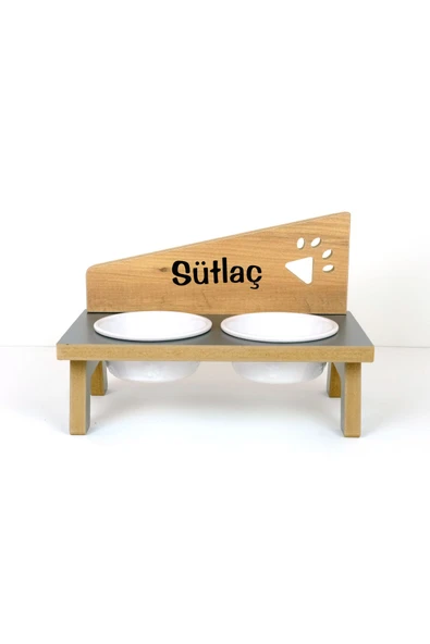 RealWood Özel Isimli Seramik Kaseli Kedi- Köpek Mama Ve Su Kabı Stantı-antrasit/meşe - 2*400 Ml. - 1