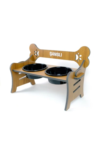 RealWood Suya Dayanıklı Ahşap Özel İsim Baskılı Seramik Kaseli Kademeli Köpek Mama ve Su Kabı Stantı - Resim 3