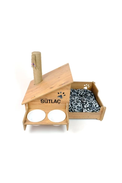 RealWood Ahşap, Seramik Kaseli , Tırmalama Çubuklu Açık-kapalı Kedi Ve Köpek Evi 4 In 1- Beyaz - 5