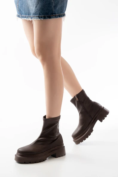 236-2011 Kahve Streç Fermuarlı Günlük Kadın Bot - Resim 4