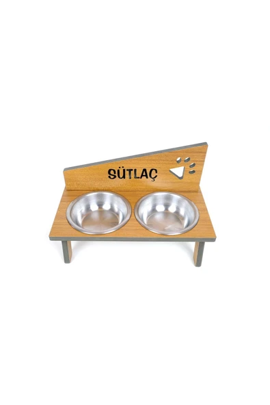 RealWood Suya Dayanıklı Ahşap Çelik Kaseli Özel isim Baskılı Kedi-Köpek Mama ve Su Kabı Stantı - Resim 3