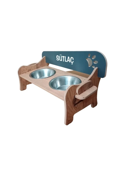 RealWood Özel İsim Baskılı, Ahşap, Kademeli, Eğimli, Çelik Kaseli, Kedi-köpek Mama Ve Su Kabı Stantı - 3
