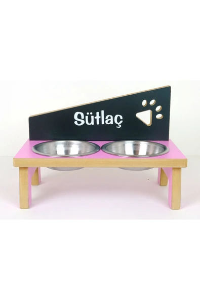RealWood Kedi & Köpek Mama Kabı Standı-isim Baskılı-ahşap Mdf-pembe-antrasit-pençe Mod-Çelik Kase-2*400ml