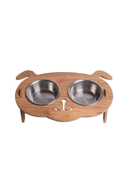 RealWood Köpek Su Ve Mama Kabı Standı - Ahşap Mdf - Eğimli Köpek Modeli - 2'li - Çelik Kase - 2*350ml