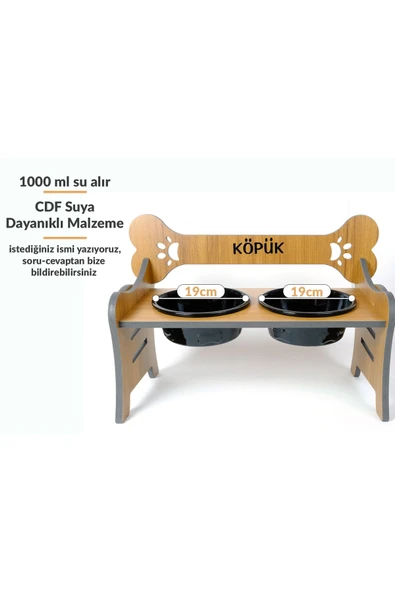 RealWood Suya Dayanıklı Ahşap Özel İsim Baskılı Seramik Kaseli Kademeli Köpek Mama ve Su Kabı Stantı - 1