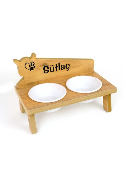 RealWood Seramik Kaseli, Özel İsimli, Ahşap Kedi-Köpek Mama ve Su Kabı Stantı-2*400 ml. - Resim 3