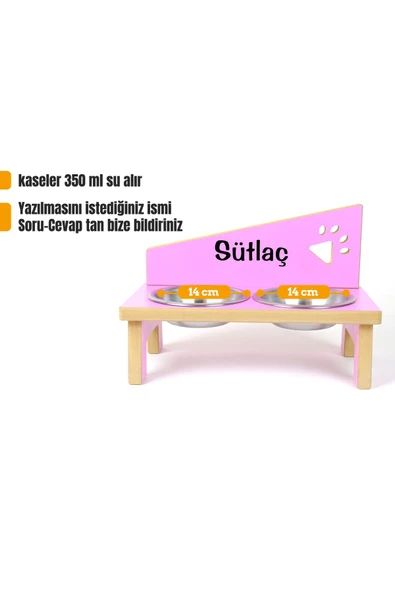 RealWood Ahşap Çelik Kâseli Özel Isim Baskılı Kedi- Küçük Irk Köpek Mama Ve Su Kabı-pembe-2*350 Ml. - 1