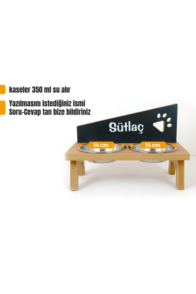 RealWood Özel İsim Baskılı, Ahşap, Çelik Kaseli Kedi - Küçük Irk Köpek Mama Ve Su Kabı ürün görseli 1