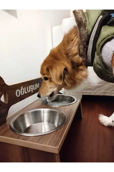 RealWood Ahşap, Çelik Kaseli, Özel Isim Baskılı Büyük Irk Köpek Mama Ve Su Kabı Stantı-2*1000 Ml. - 5