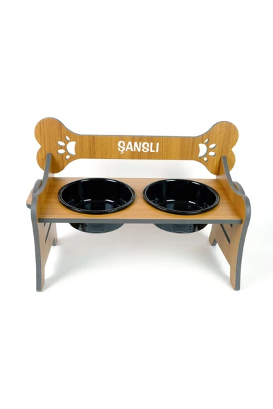 RealWood Suya Dayanıklı Ahşap Özel İsim Baskılı Seramik Kaseli Kademeli Köpek Mama ve Su Kabı Stantı - Resim 2