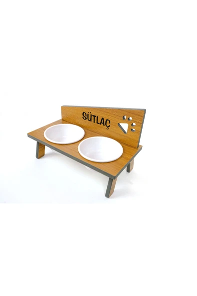RealWood Suya Dayanıklı Ahşap Seramik Kaseli Özel İsim Baskılı Kedi-Köpek Mama ve Su Kabı Stantı - 5