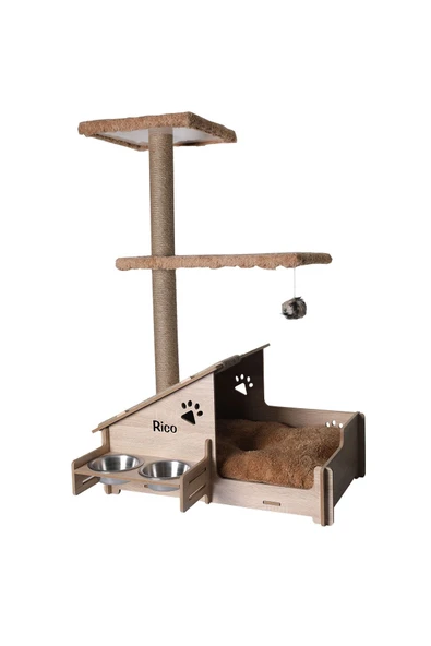 RealWood Çok Amaçlı Katlı Kedi Evi-isim Baskılı-ahşap Mdf-tırmalama Çubuklu-kahverengi-çelik Kase-2*350 - 4