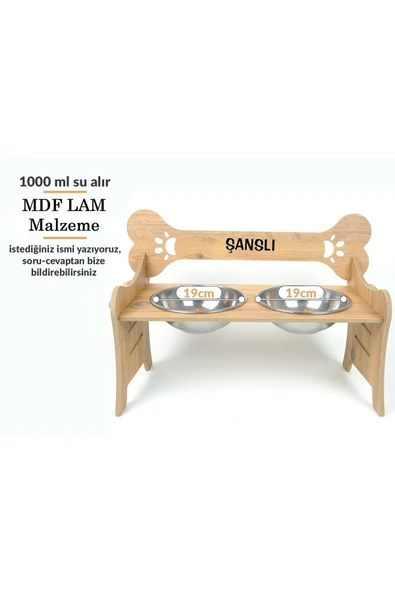 RealWood Özel İsim Baskılı, Ahşap, Kademeli, Çelik Kaseli, Eğimli, Büyük Irk Köpek Mama - Su Kabı-2*1000 Ml. - 1